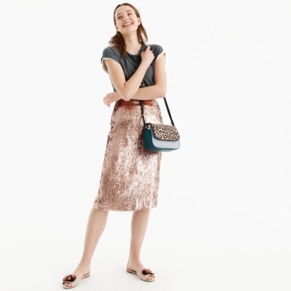 Crew Rose Gold Sequin Midi Pencil Skirt